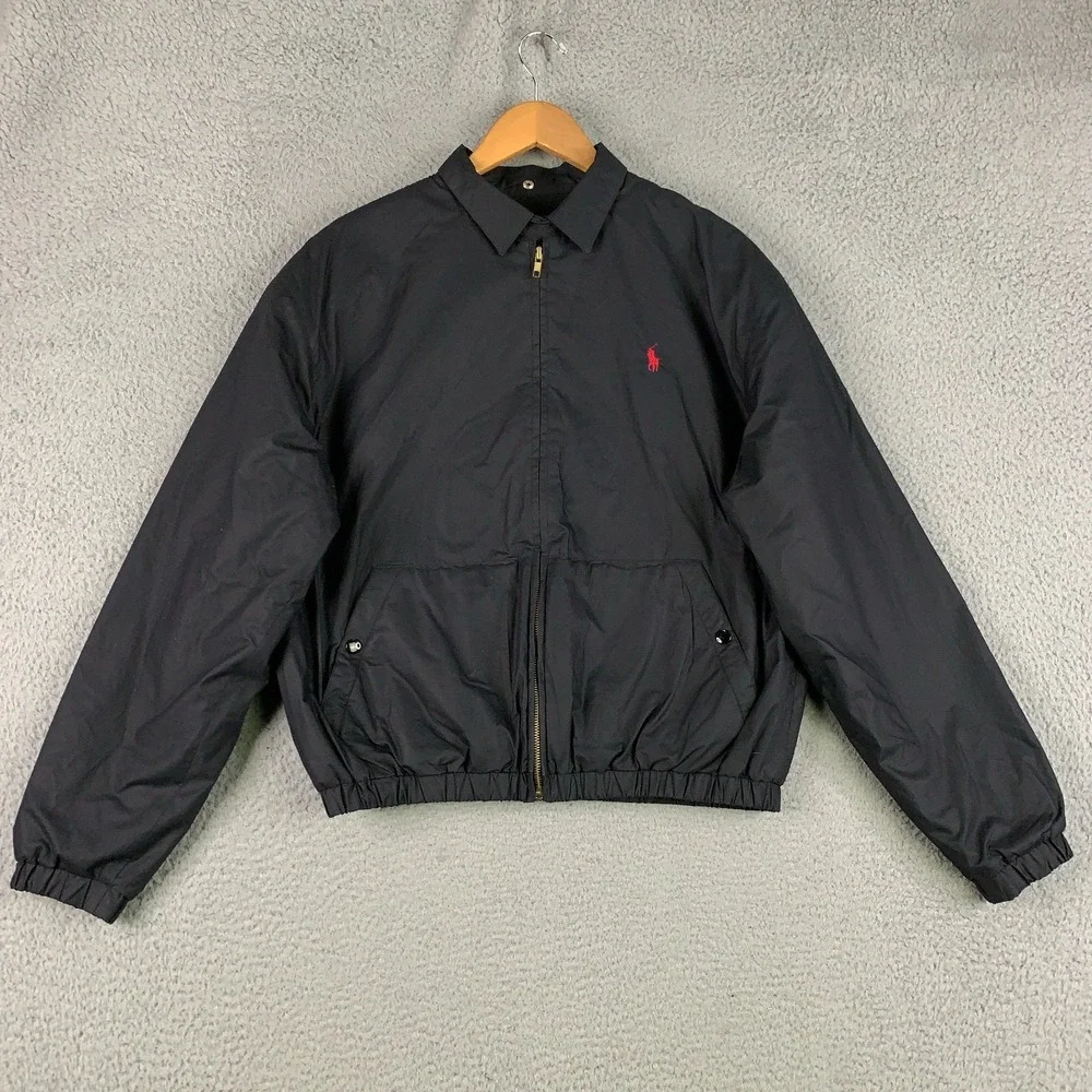 Vintage 90s Polo Ralph Lauren Bomber Jacket Mens Medium M Black Fleece Lined VTG